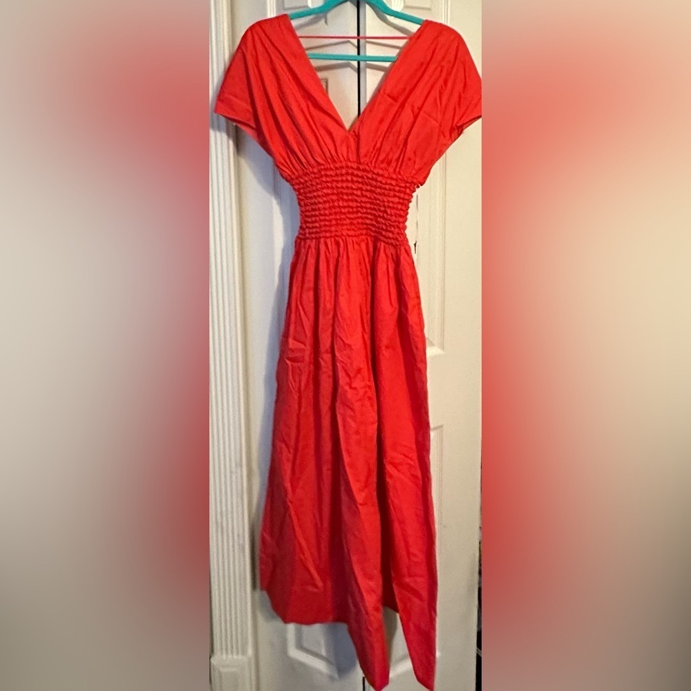 STAUD Jackson Smocked Midi Dress Hibiscus Red NWT S Rare Sold Out Never Tried On - Picture 4 of 10